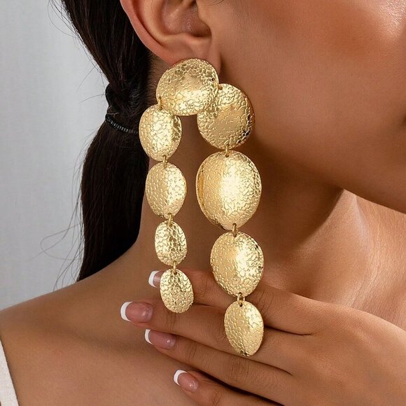Yellow Gold Sexy Women's Oversized Exaggerated Round Cracked Patchwork Earrings - Picture 1 of 15